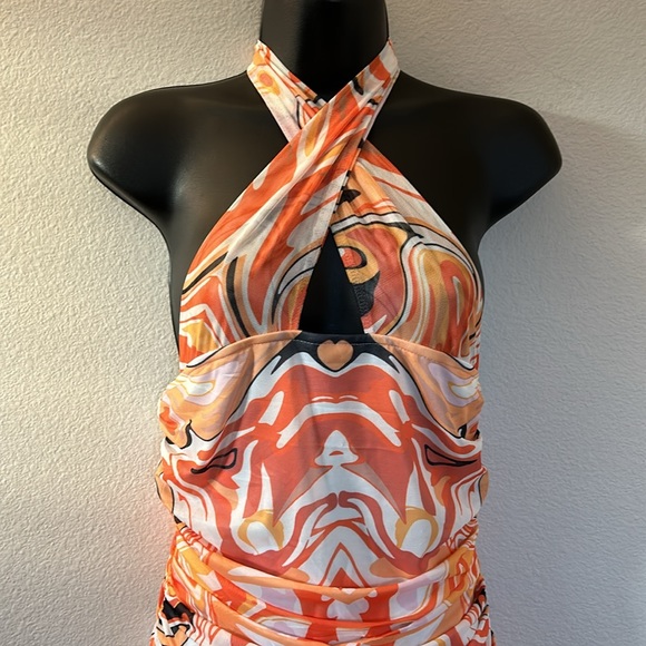 Princess Polly Viviana 70s Mod Swirly Print Cutout Halter Ruched Mini Dress - Picture 5 of 12